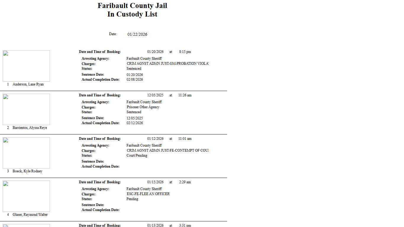 Custody List - Faribault County Jail