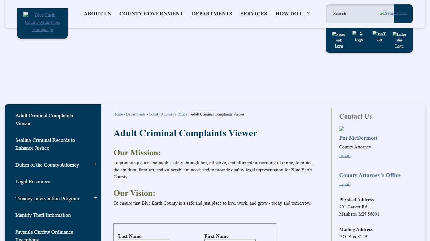 Adult Criminal Complaints Viewer Blue Earth County, MN - Official Website